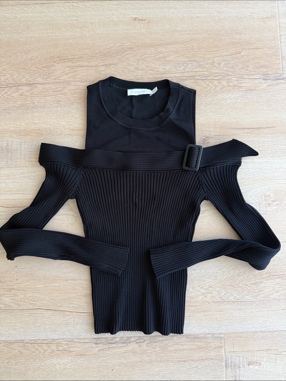 Jonathan Simkhai Black Ribbed Cold-Shoulder Crop Top with Buckle Strap. Medium